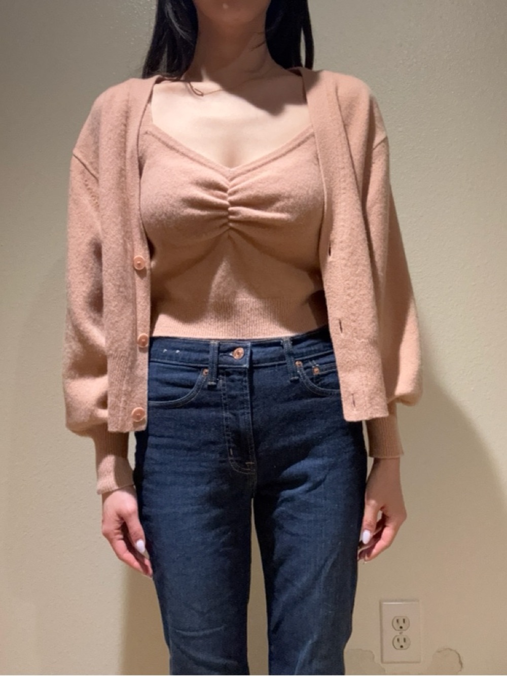 Sandro Blush Pink V-Neck Cardigan & Ruched Tank Set